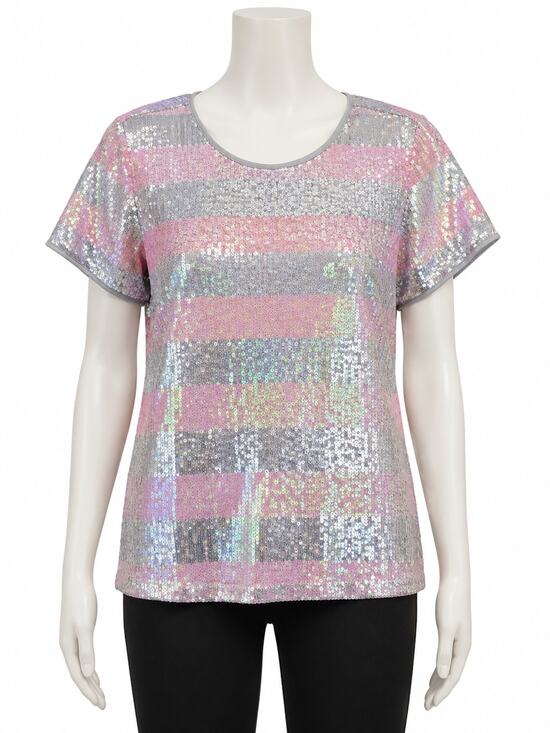 Forever 21 Tops - Forever 21 Shirt Blouse Womens Sz Med Striped Short Sleeve Top Gray Pink Sequins